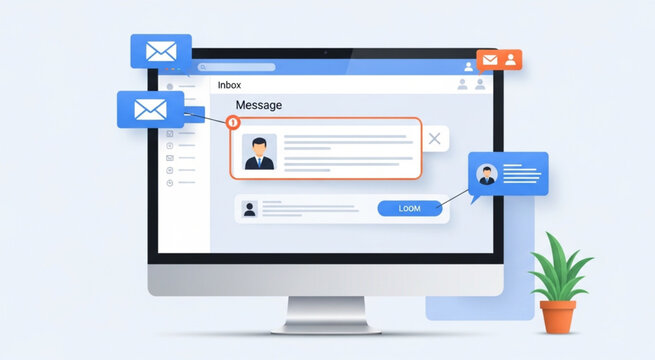 Email Inbox Interface on Desktop Computer with Messages Notifications and Contact Cards Digital Communication Technology Illustration