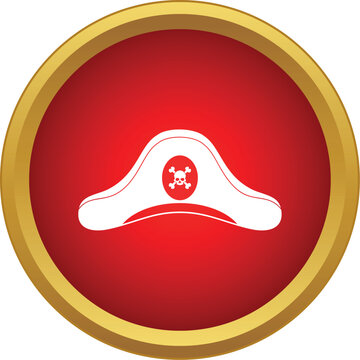Pirate bicorne hat with a skull and crossbones emblem inside a gold framed red circle