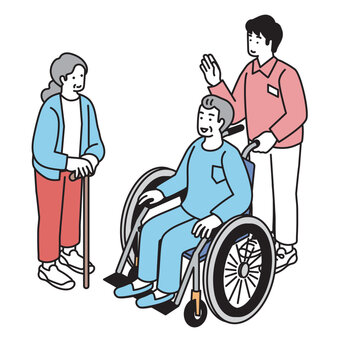 車椅子に乗る高齢者と介護士のイラスト