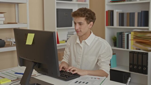 Man at computer receives a stack of folders from woman, hand on keyboard and eyes up toward her, paperwork piled on desk in an office building; teamwork stress.