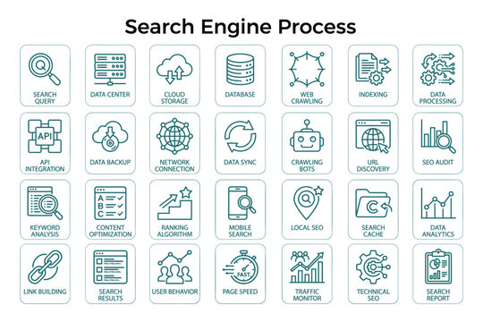 Search engine process icons for seo analytics and web crawling optimization vector.