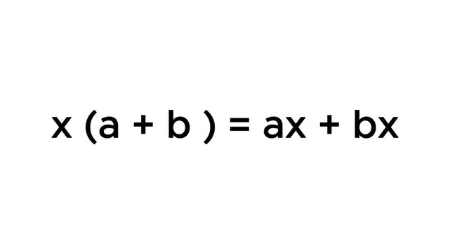 Mathematical algebra distributive property formula animation on white background