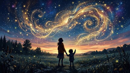 Fototapeta premium Fantasy Silhouette of Mother and Child Under Magical Starry Sky