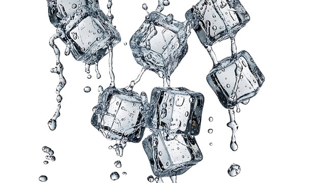 AI generated.  crystal clear ice cubes with water splashes and droplets isolated on a solid white background, representing freshness and cold.