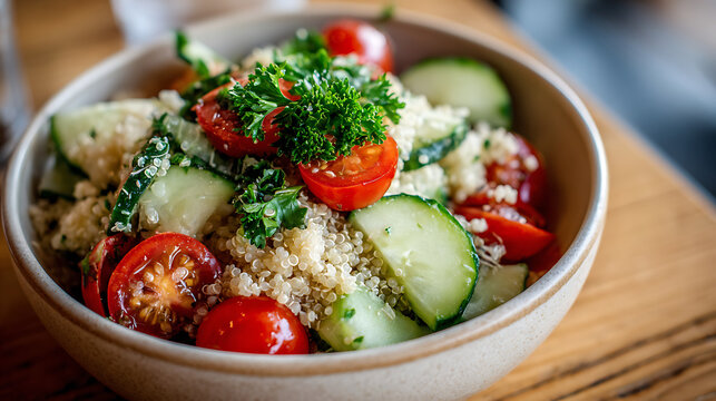 Quinoa salad with cherry tomatoes, cucumbers, parsley, and lemon juice, offering a light and refreshing healthy meal.