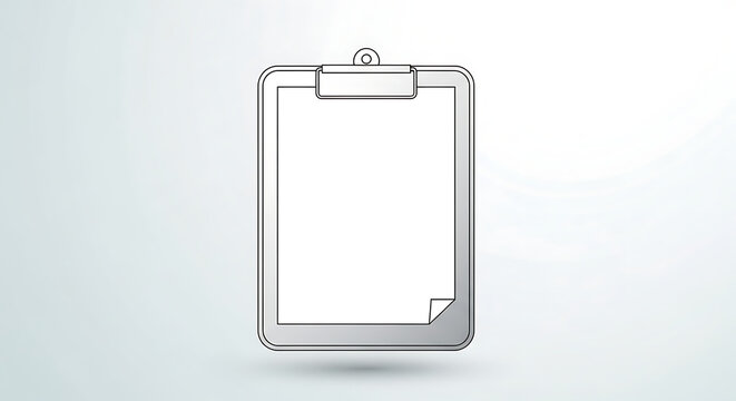 Empty office clipboard icon with metal clip and paper sheet isolated on light gray background for documentation list survey and checklist organization.