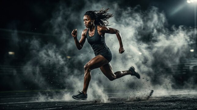 Female Runner Sprinting Through Fog in Powerful Athletic Action Shot