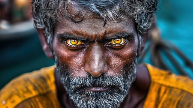Intense Gaze: Weathered Fisherman with Piercing Yellow Eyes Portrait