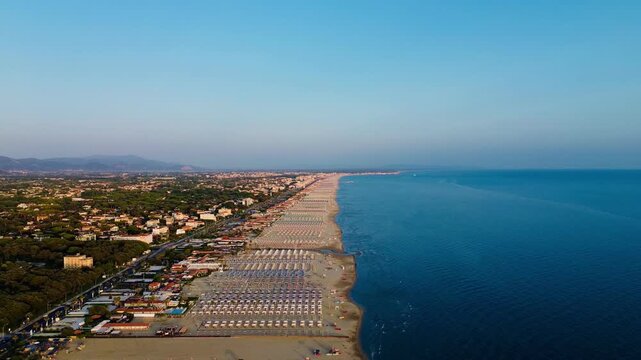 Aerial view of the Marina di Pietrasanta beach in Versilia, Massa, Carrara, Viareggio. Tuscany, Italy. Italian sea curort.