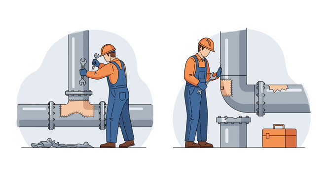 Two Industrial Pipe Welders At Work On Pipe System.