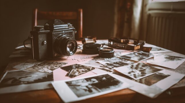 analog film photography process, old camera and negatives on table, soft natural light, nostalgic realistic scene, high detail textures