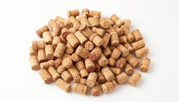A large pile of wine corks isolated on a white background