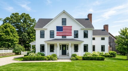 Fototapeta premium White Traditional House with American Flag Displayed on Front