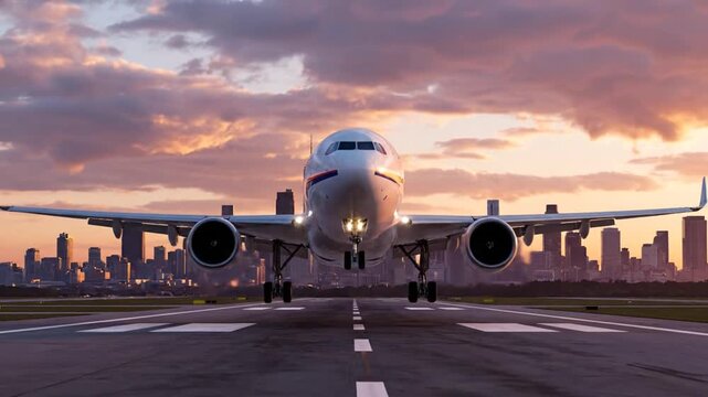 Airplane taking off from runway at sunset with city skyline background for travel brochures