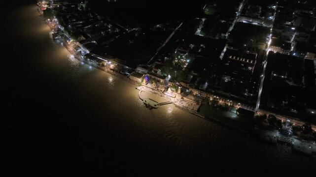 Aerial night shot of Triveni Ghat in Rishikesh India
