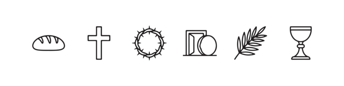Vector icons of religious Christian symbols in a clean line style, featuring a wheat stalk, communion chalice, bread loaf, cross, crown of thorns, and the empty tomb of Jesus.