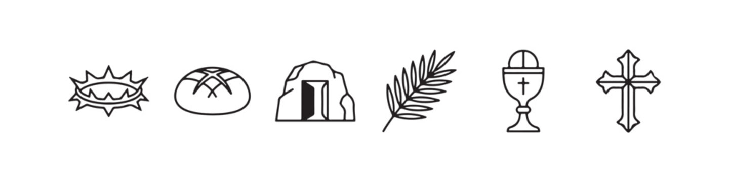 Vector icons of religious Christian symbols in a clean line style, featuring a wheat stalk, communion chalice, bread loaf, cross, crown of thorns, and the empty tomb of Jesus.