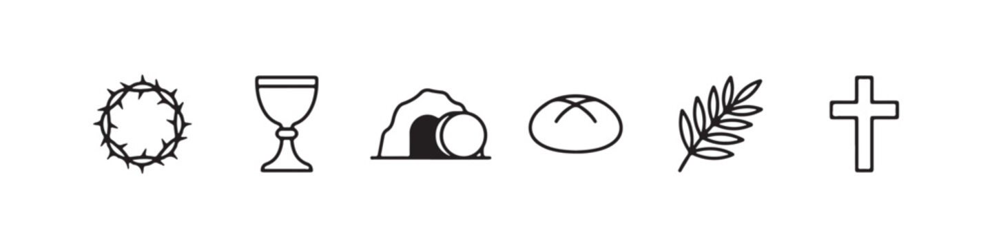 Vector icons of religious Christian symbols in a clean line style, featuring a wheat stalk, communion chalice, bread loaf, cross, crown of thorns, and the empty tomb of Jesus.