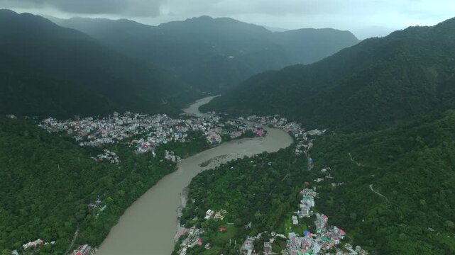 Aerial shot of Ganges River flowing through Rishikesh India