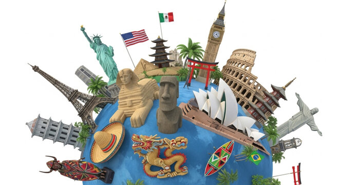 Famous World Landmarks Globe Tourism Travel Concept.