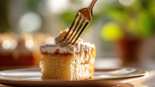 Delicious slice of cake with whipped cream and fork ready to eat. A tempting slice of homemade cake topped with fluffy whipped cream and a fork poised to take a bite, perfect for dessert lovers