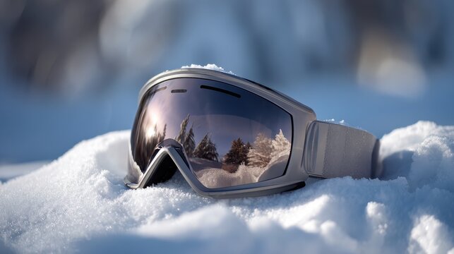 Ski goggles resting in fresh snow with winter forest reflection. Close-up of white ski goggles covered in frost, nestled in powdery snow, reflecting a snowy forest scene