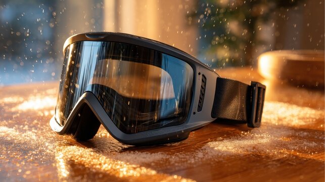 Ski goggles resting on a wooden surface with falling snow particles. Close-up of ski goggles on a wooden table, illuminated by warm light with snow falling around them