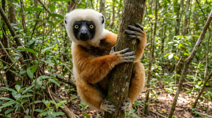 Fototapeta premium Close-up portrait of a lemur clinging to a tree trunk in a lush forest environment