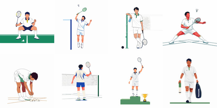 Collection of vector illustrations featuring a male badminton player in various action, rest, and victory poses on a court.