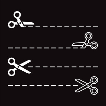 Scissors with cut lines icon set. Scissors cutting signs.