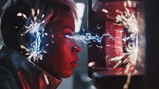A futuristic person wearing a hoodie with glowing blue and white electrical discharges emanating from their face, interacting with a machine that has a red light. Defects No defects found