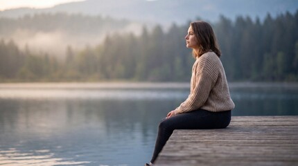 Fototapeta premium Woman sitting on dock looking at misty lake at sunrise