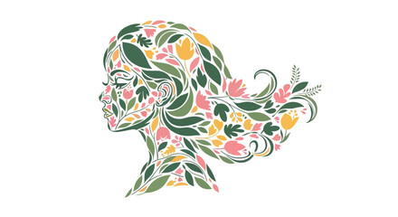 Fototapeta premium Profile Silhouette of Woman with Hair Made of Flowers and Leaves, Spring Theme