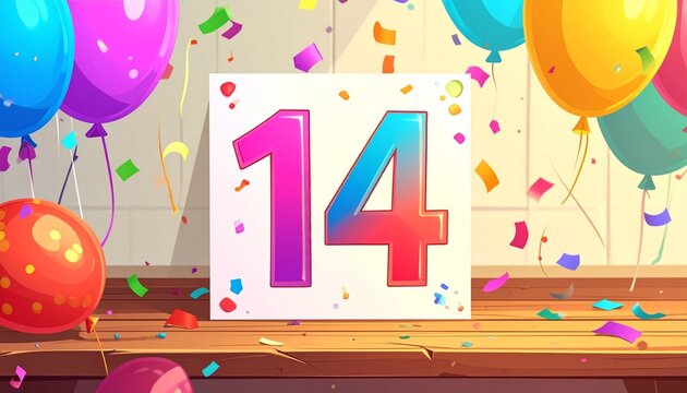Birthday or anniversary card with number 14. Cartoon illustration with bright colors and balloons