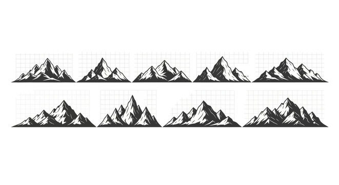 Collection of diverse mountain range silhouettes in a stylized engraved woodcut art style showcasing jagged peaks and dramatic ridges against a clean white background ideal