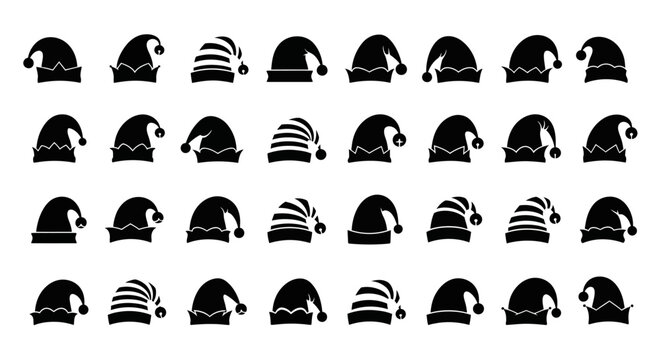 Collection of silhouettes of elf hats and striped sleep caps in various designs perfect for winter holidays christmas or fantasy themes presented in a clean grid layout on a white