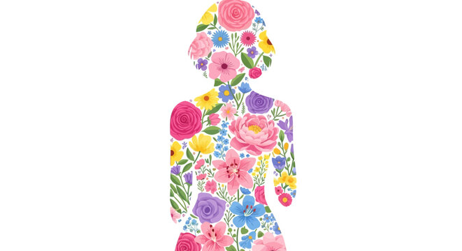 Woman Silhouette Filled With Vibrant Watercolor Flowers On White Background