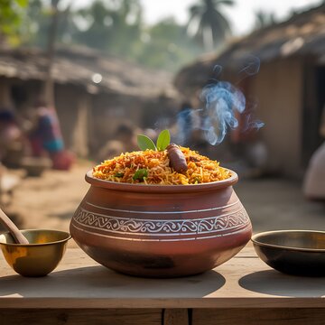 Delicious chicken biryani served in traditional clay pot with aromatic steam rising creating a tempting display of Indian cuisine at rustic village setting.