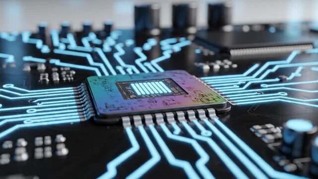 Close up of a central processing unit chip on a circuit board with glowing blue lines, digital technology concept