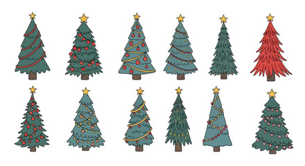 Obraz premium Collection of Cartoon Christmas Trees with Decorations - Festive Holiday Illustrations
