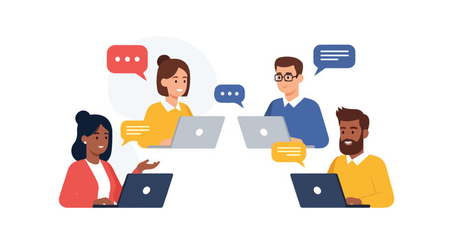 Four diverse professionals engage in online collaboration and communication using laptops and speech bubbles in a modern flat vector style.