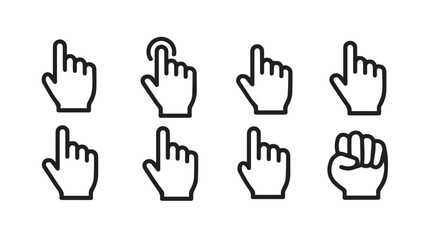 Obraz premium Collection of eight diverse hand cursor icons in a clean vector graphic style for digital interfaces