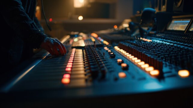 sound engineer working at mixing console in dim studio, multiple sliders and lights, focused atmosphere, realistic professional environment