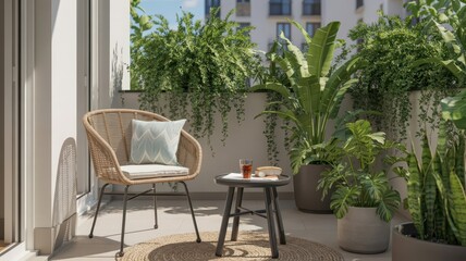 Fototapeta premium Wicker chair and small table on a sunny balcony with lush green plants outdoor