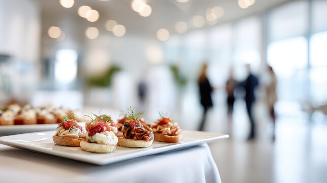Gourmet appetizers served at a corporate event with blurred guests in the background. Elegant canapes and small bites are displayed on a white platter, ready for guests at a business function