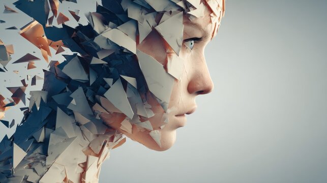 Abstract conceptual illustration of fragmented identity with a human head breaking into floating geometric pieces, symbolizing dissociation, identity crisis, mental instability, clean, copy space 