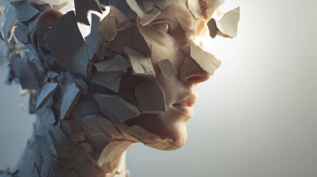 Abstract conceptual illustration of fragmented identity with a human head breaking into floating geometric pieces, symbolizing dissociation, identity crisis, mental instability, clean, copy space 