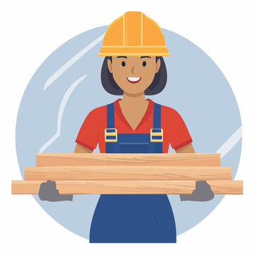 Female construction worker holding lumber