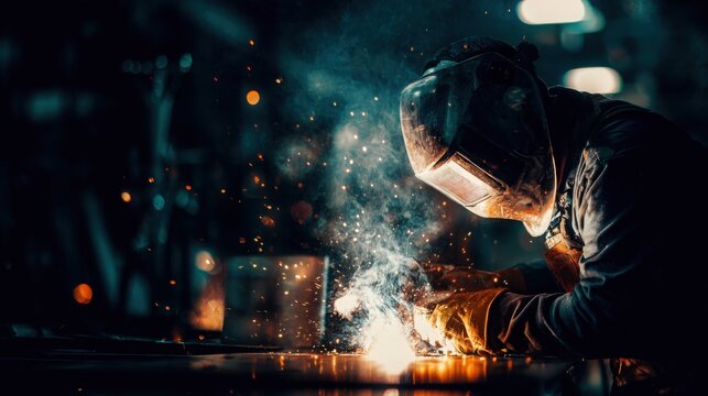 welder working with protective mask, bright sparks flying, molten metal seam texture, dark workshop, high contrast lighting, realistic industrial