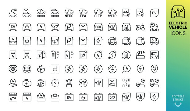 Electric Car Line Icons set. Electric Vehicle (EV), Truck, Bus, Motorbike, Smart E Car, Eco Transport, Charging Station, EV Battery Pack vector icon with editable stroke